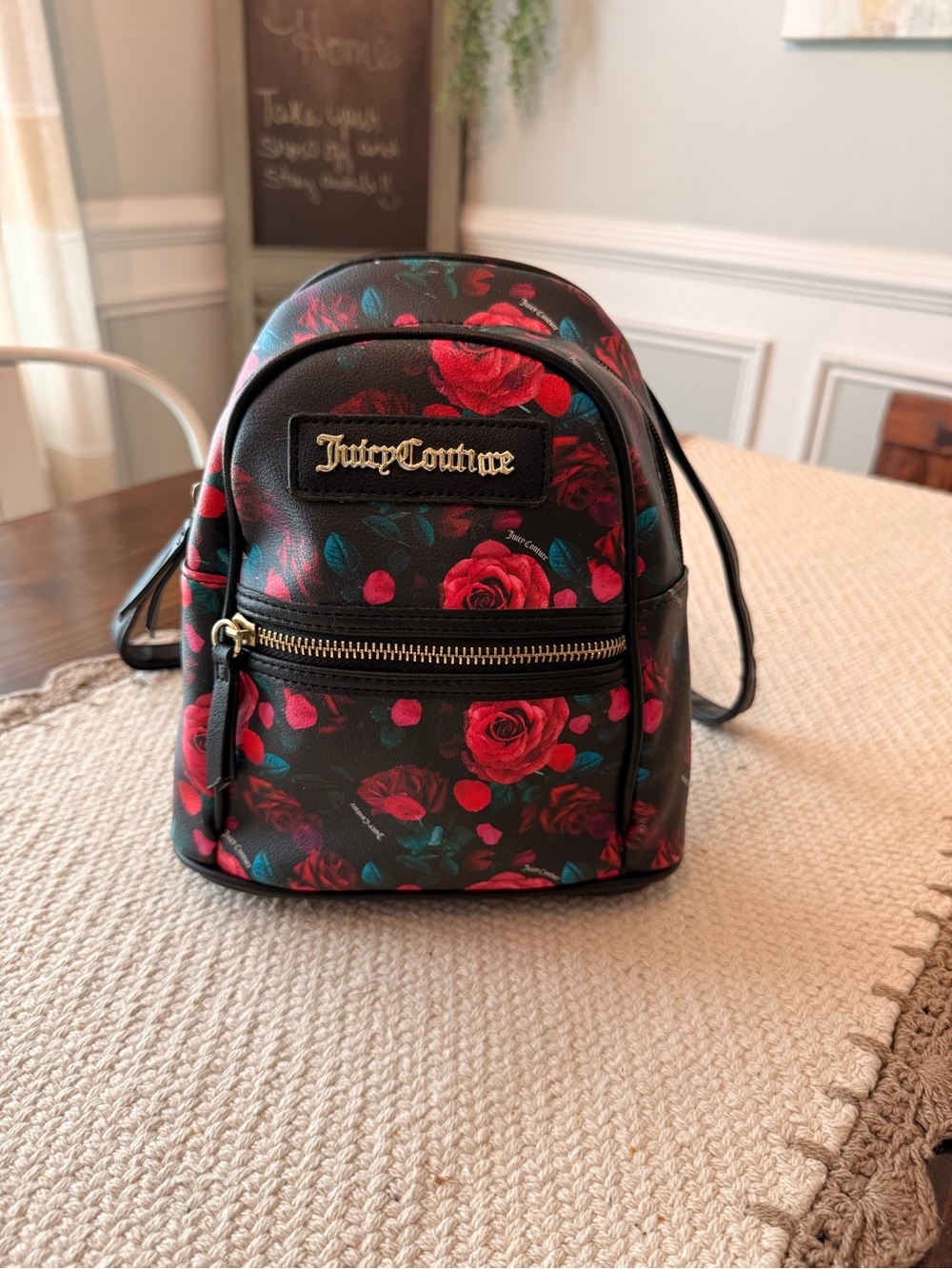Juicy Couture Black with Pink Roses Printed Mini Backpack